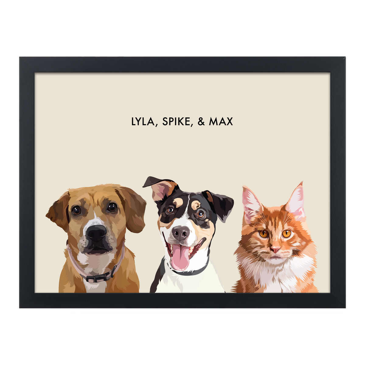 Custom 18x24 memorial portrait of 3 dogs & a cat in a black beige gallery frame.