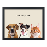 Custom 18x24 memorial portrait of 3 dogs & a cat in a black beige gallery frame.