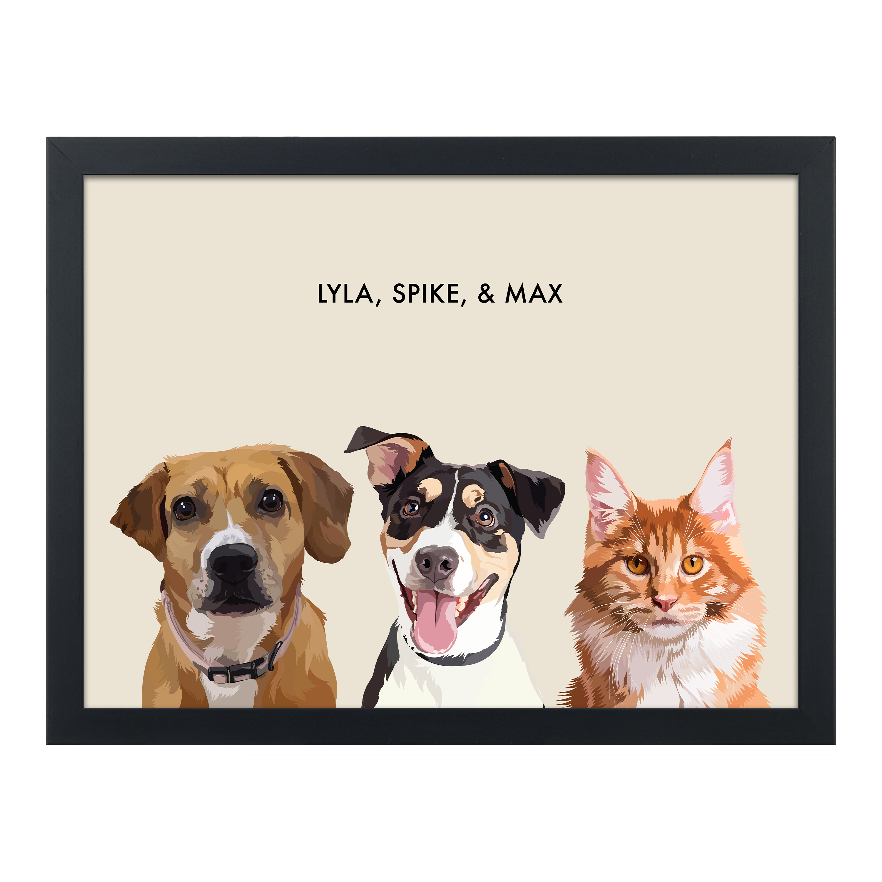 Custom 18x24 memorial portrait of 3 dogs & a cat in a black beige gallery frame.