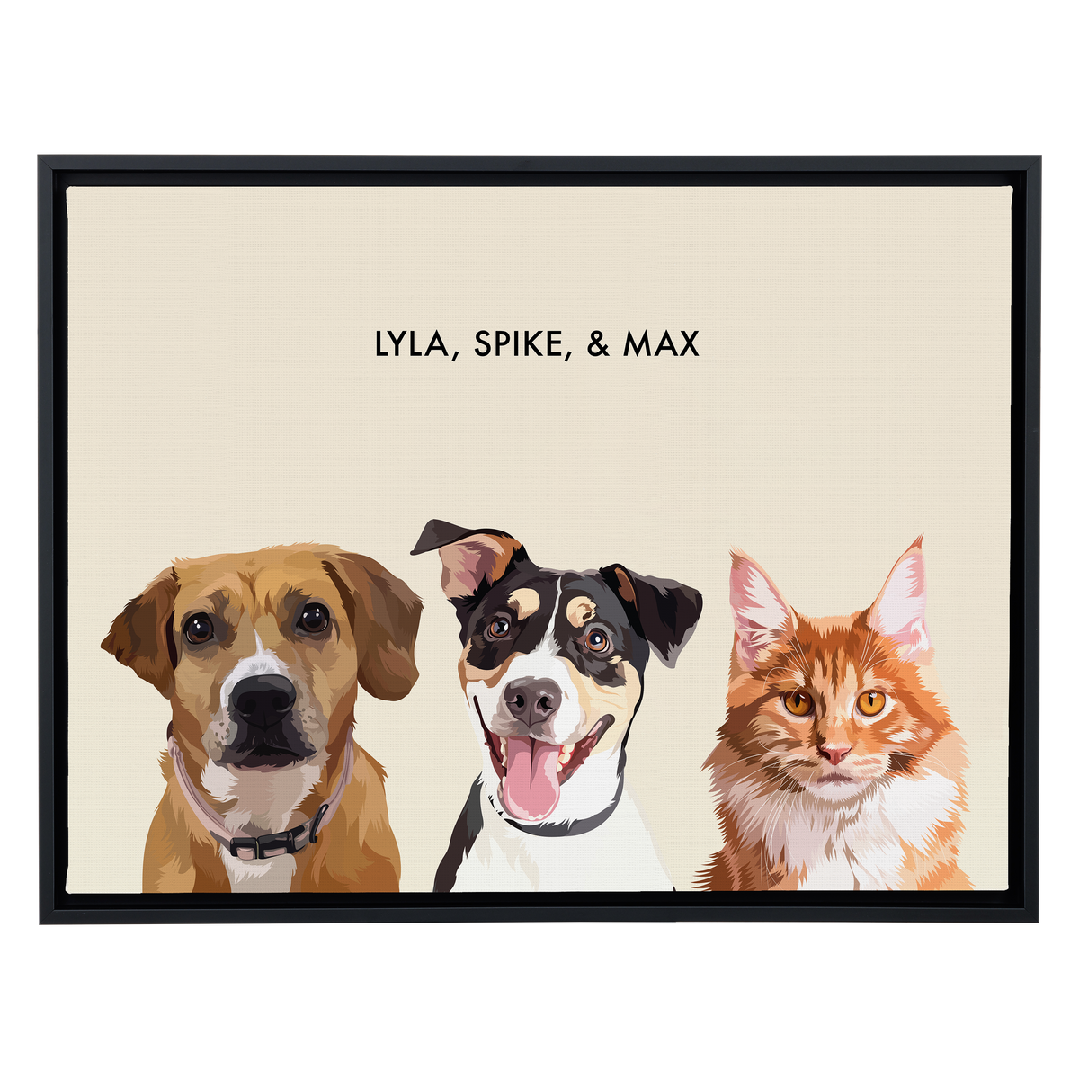 Portrait with three dogs, with black frame and beige background. 18x24 canvas.