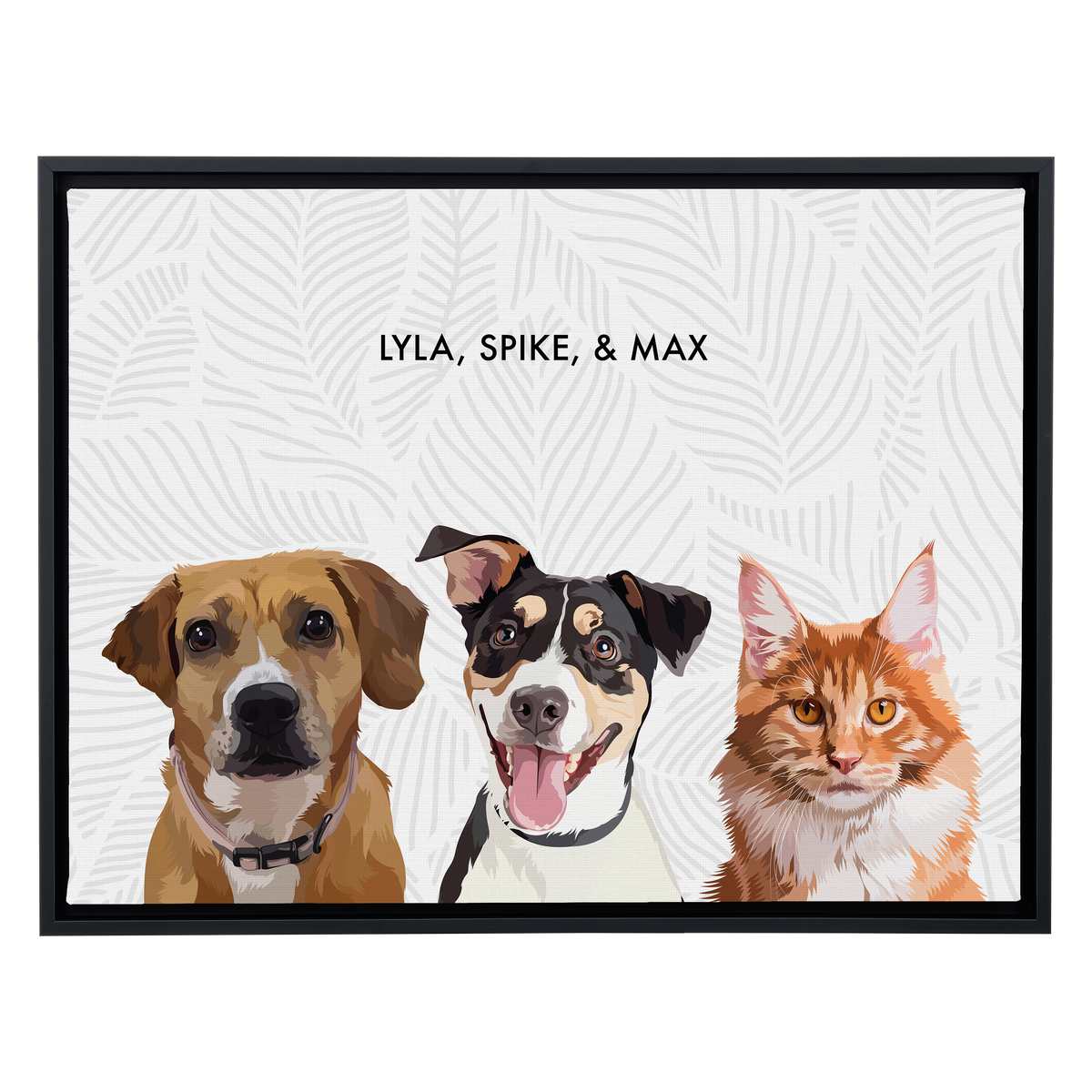 Portrait with three dogs, with black frame and white background with gray leaves. 18x24 canvas.