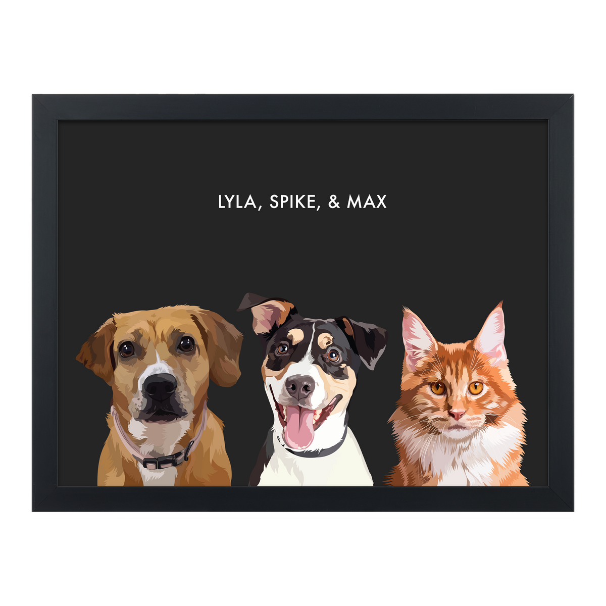 Portrait with three dogs, with black frame and black background. 18x24 canvas.