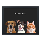 Portrait with three dogs, with black frame and black background. 18x24 canvas.