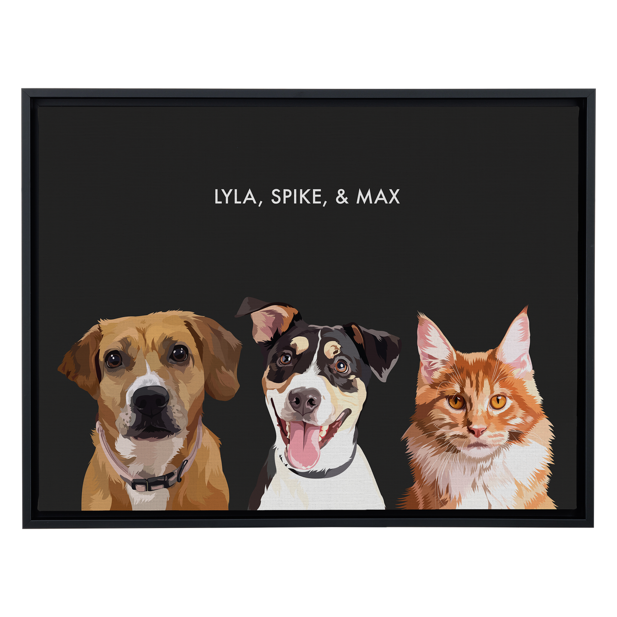Portrait with three dogs, with black frame and black background. 18x24 canvas.