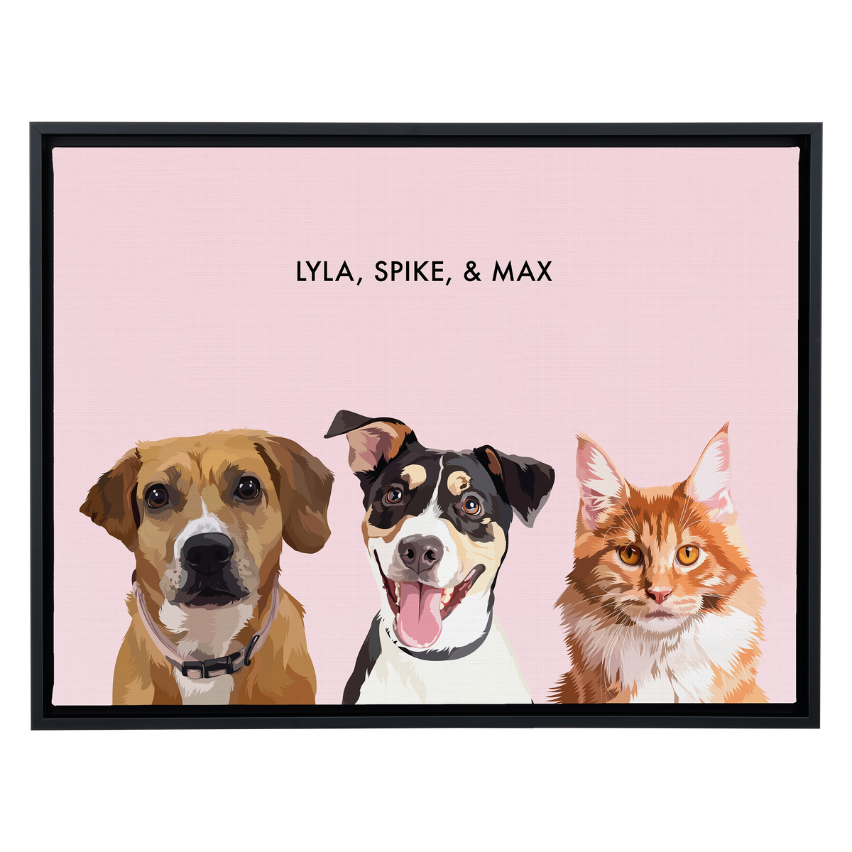 Portrait with three dogs, with ck frame and pink background. 18x24 canvas.