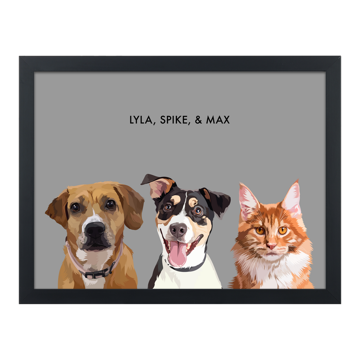 Portrait with three dogs, with black frame and gray background. 18x24 canvas.