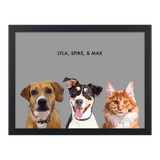 Portrait with three dogs, with black frame and gray background. 18x24 canvas.