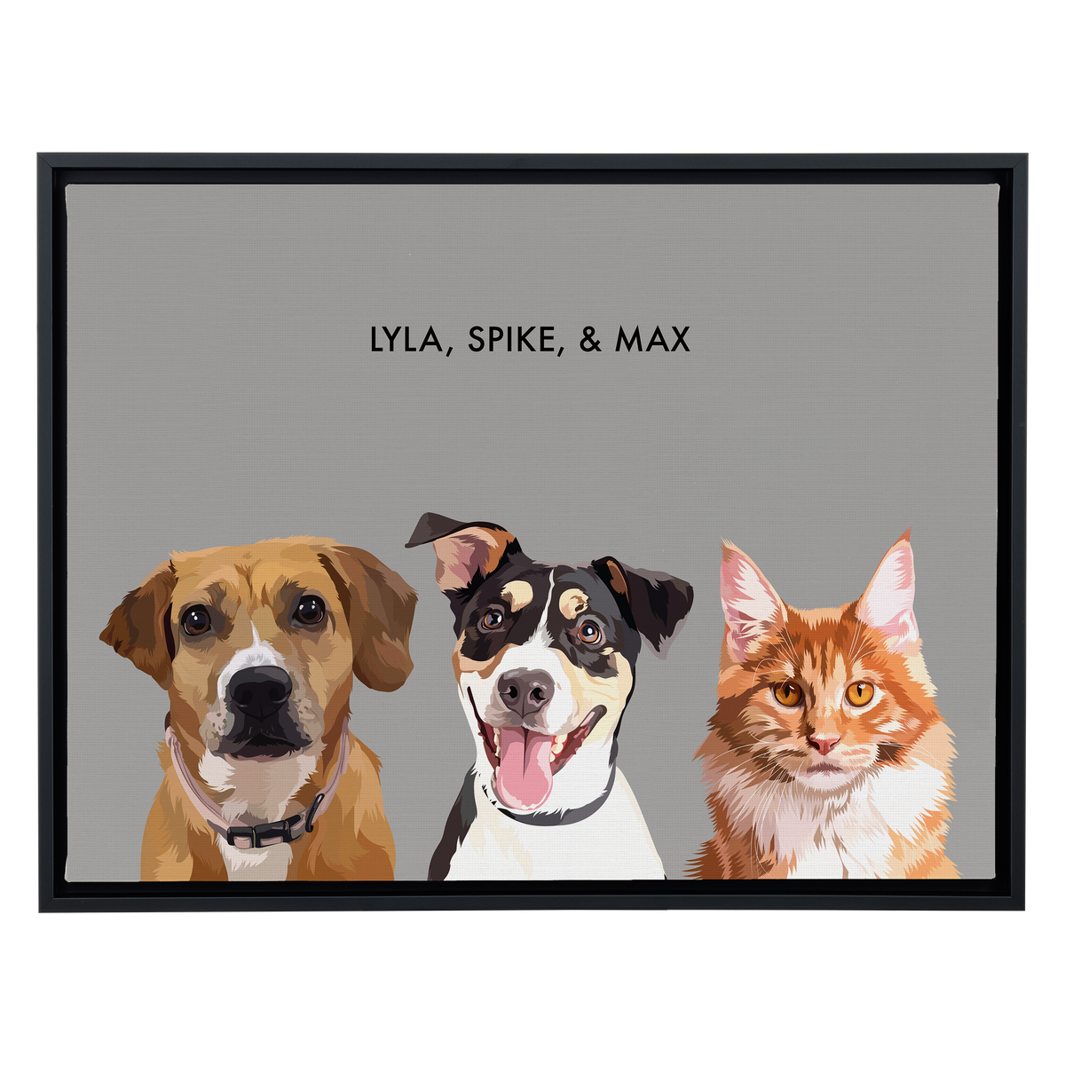 Portrait with three dogs, with black frame and gray background. 18x24 canvas.