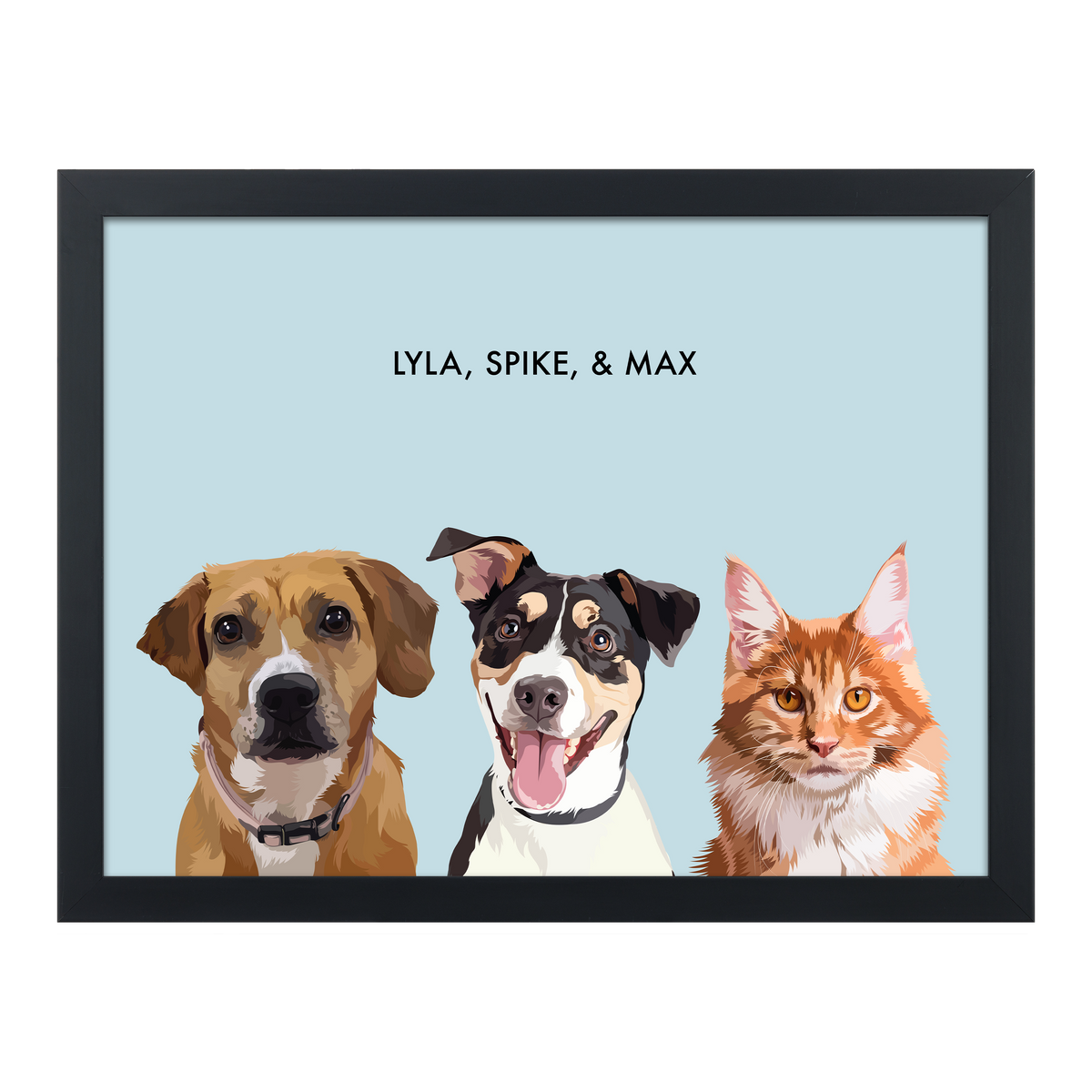 Portrait with three dogs, with black frame and blue background. 18x24 canvas.
