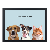Portrait with three dogs, with black frame and blue background. 18x24 canvas.