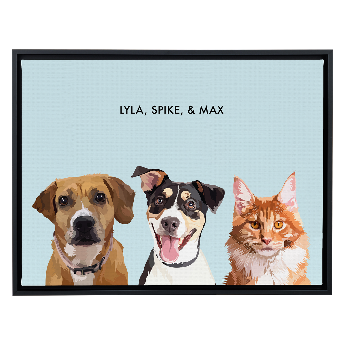 Portrait with three dogs, with black frame and blue background. 18x24 canvas.