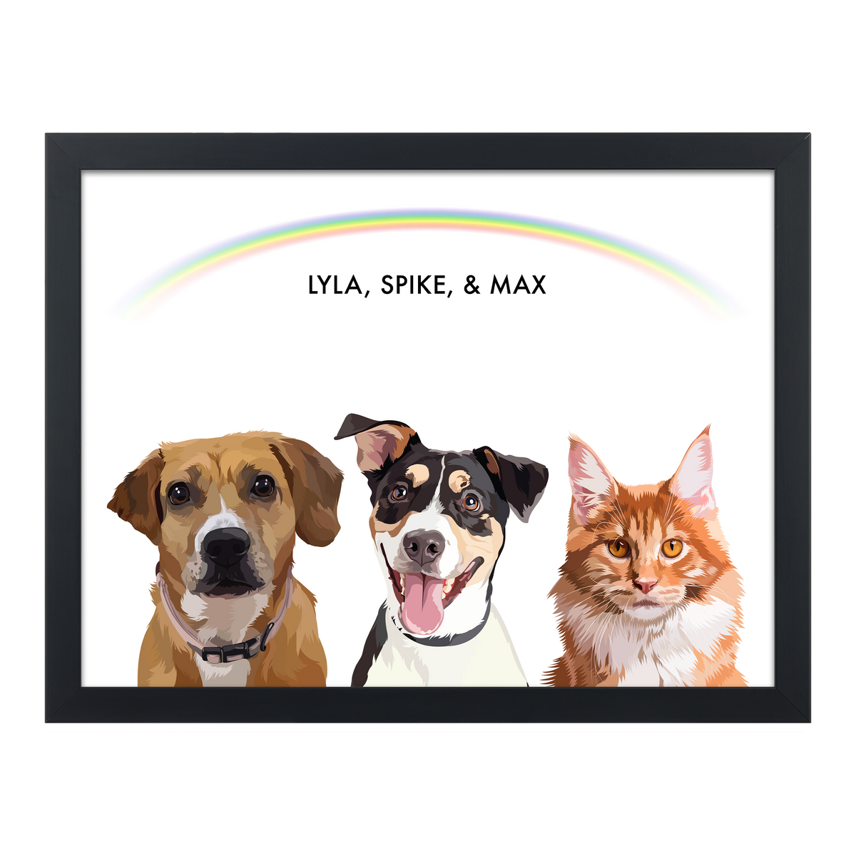Portrait with three dogs, with black frame and rainbow background. 18x24 canvas.