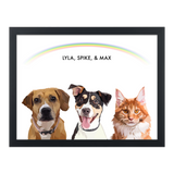 Portrait with three dogs, with black frame and rainbow background. 18x24 canvas.
