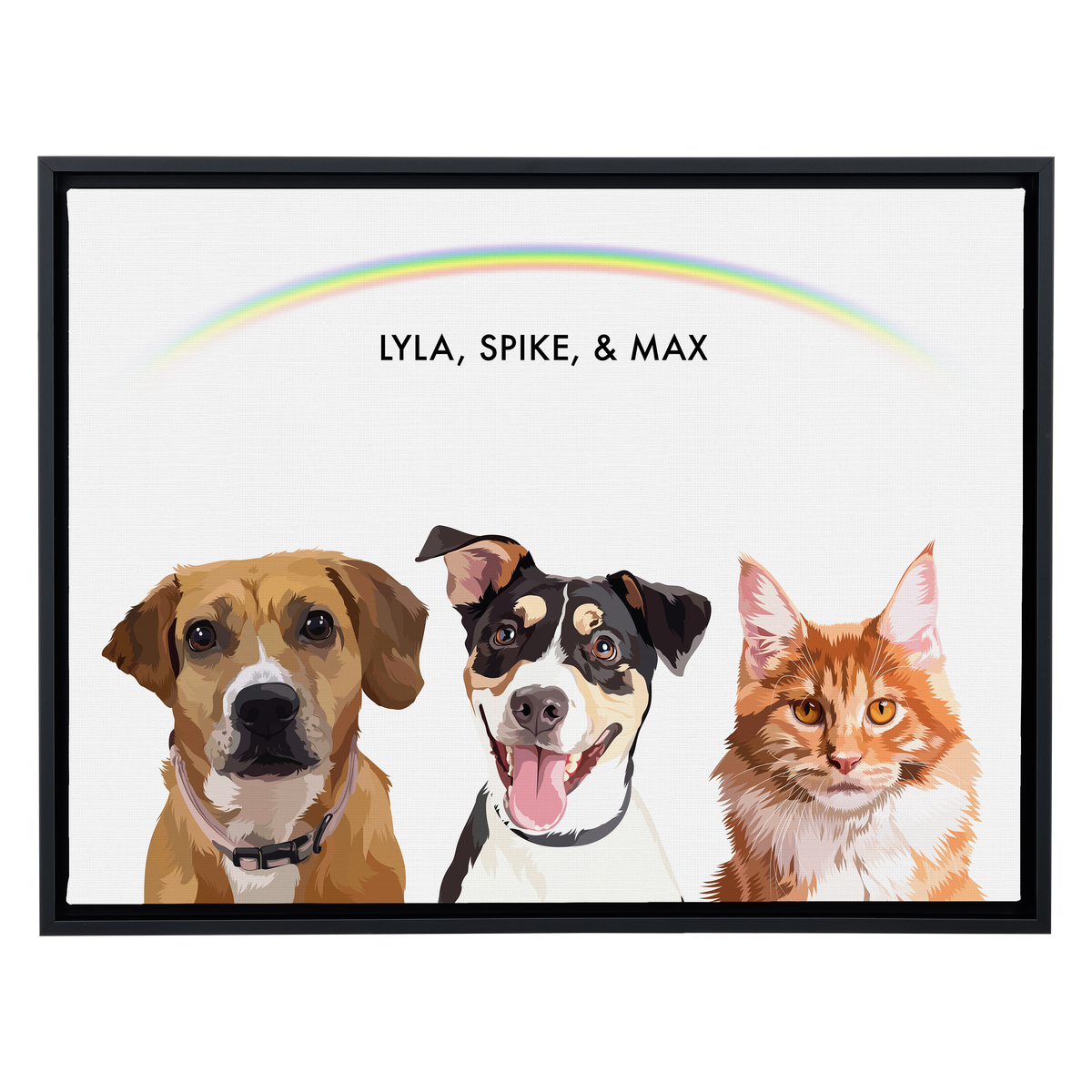 Portrait with three dogs, with black frame and rainbow background. 18x24 canvas.
