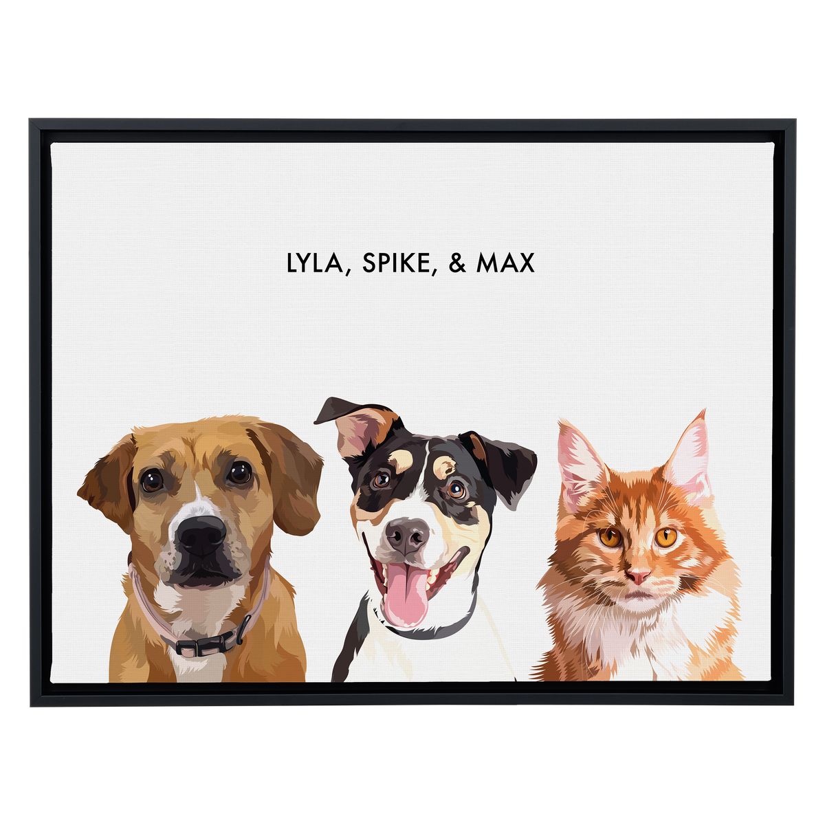 Portrait with three dogs, with black frame and white background. 18x24 canvas.