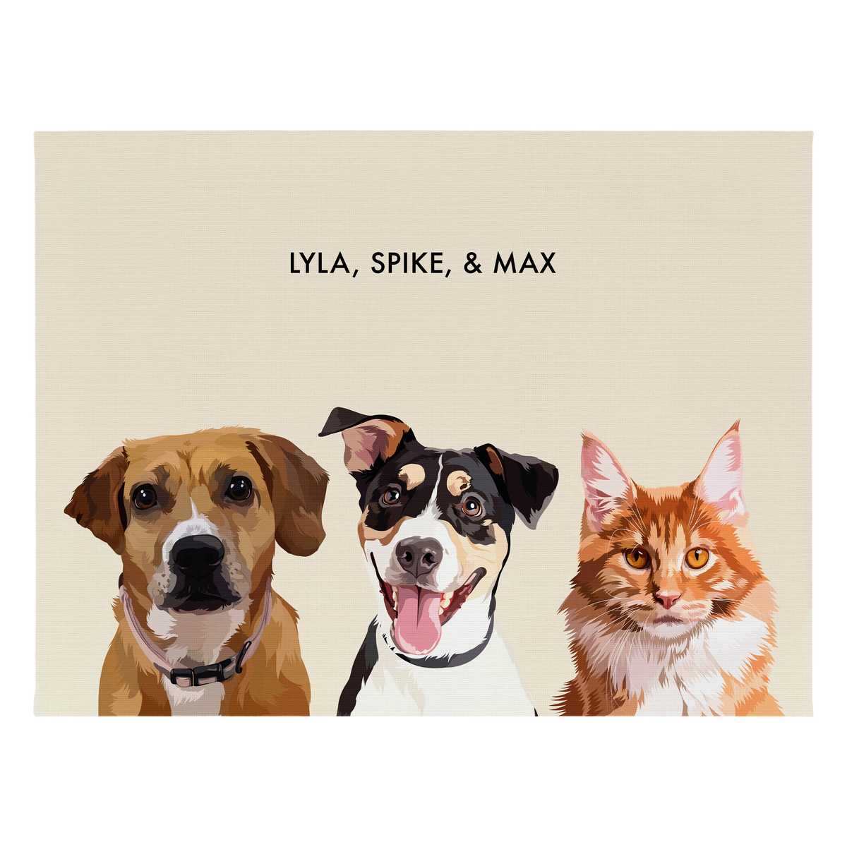 Portrait with three dogs, with no frame and beige background. 18x24 canvas.