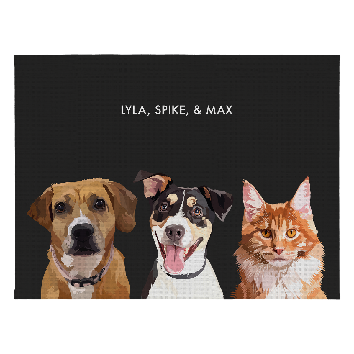 Portrait with three dogs, with no frame and black background. 18x24 canvas.