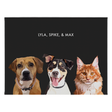 Portrait with three dogs, with no frame and black background. 18x24 canvas.