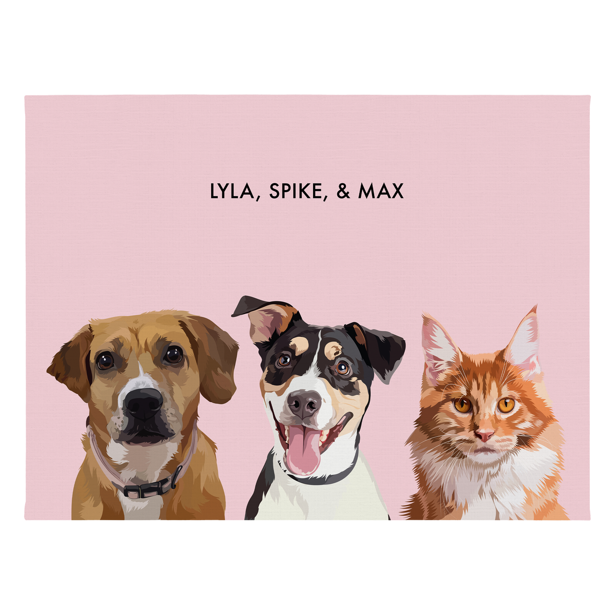 Portrait with three dogs, with no frame and pink background. 18x24 canvas.