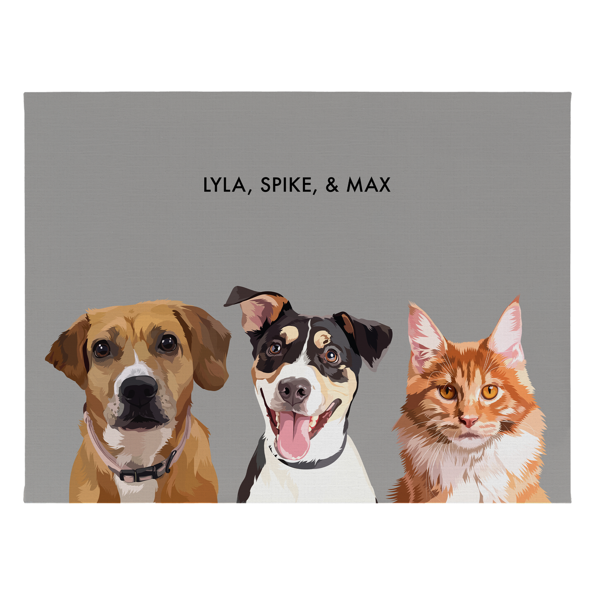 Portrait with three dogs, with no frame and gray background. 18x24 canvas.