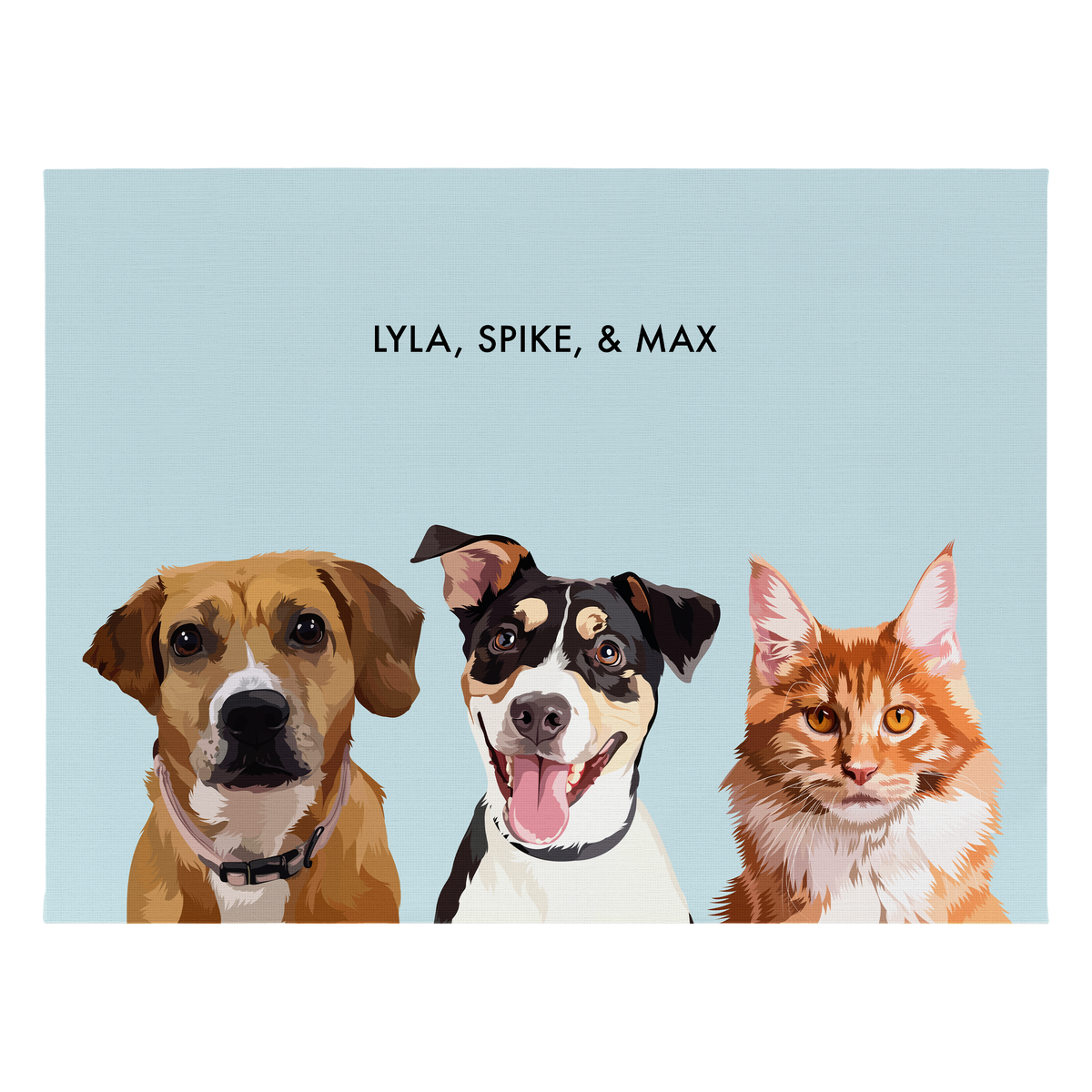 Portrait with three dogs, with no frame and blue background. 18x24 canvas.