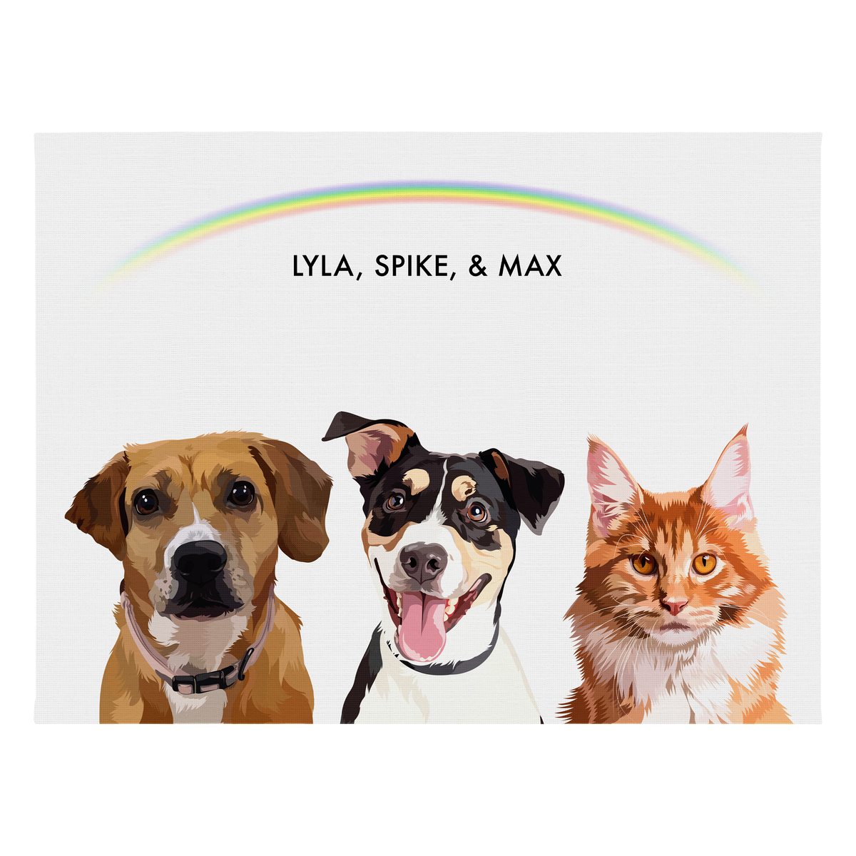 Portrait with three dogs, with no frame and rainbow background. 18x24 canvas.