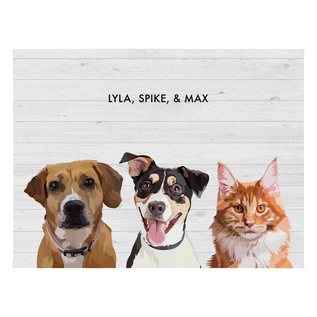 Portrait with three dogs, with no frame and white wood background. 18x24 canvas.