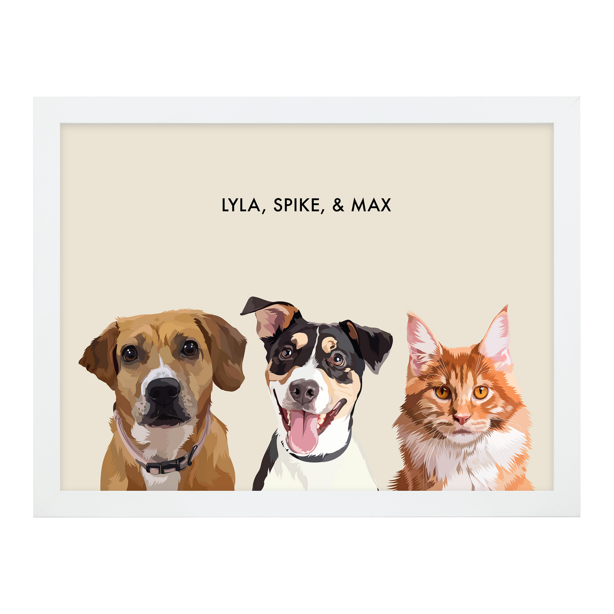 Portrait with three dogs, with white frame and beige background. 18x24 canvas.