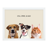 Portrait with three dogs, with white frame and beige background. 18x24 canvas.