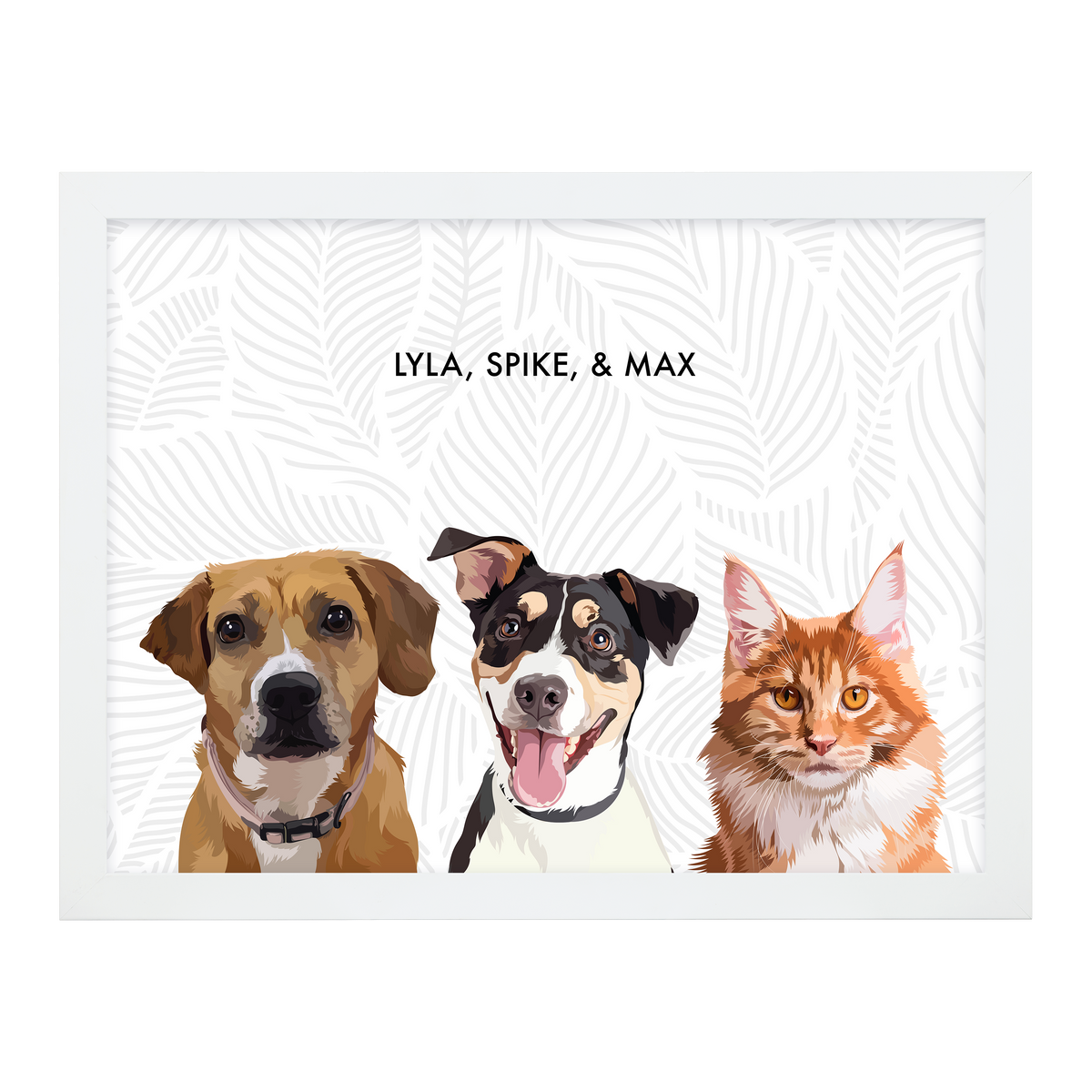 Portrait with three dogs, with white frame and white background with gray leaves. 18x24 canvas.