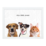 Portrait with three dogs, with white frame and white background with gray leaves. 18x24 canvas.