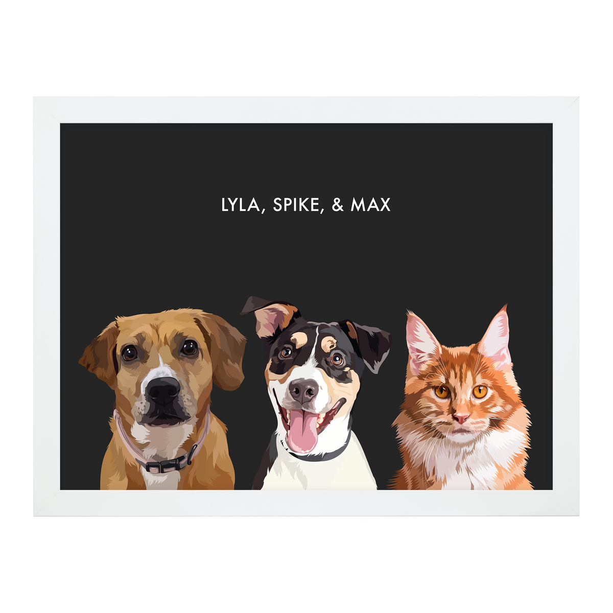 Portrait with three dogs, with white frame and black background 18x24 canvas.