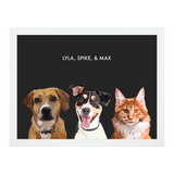 Portrait with three dogs, with white frame and black background 18x24 canvas.