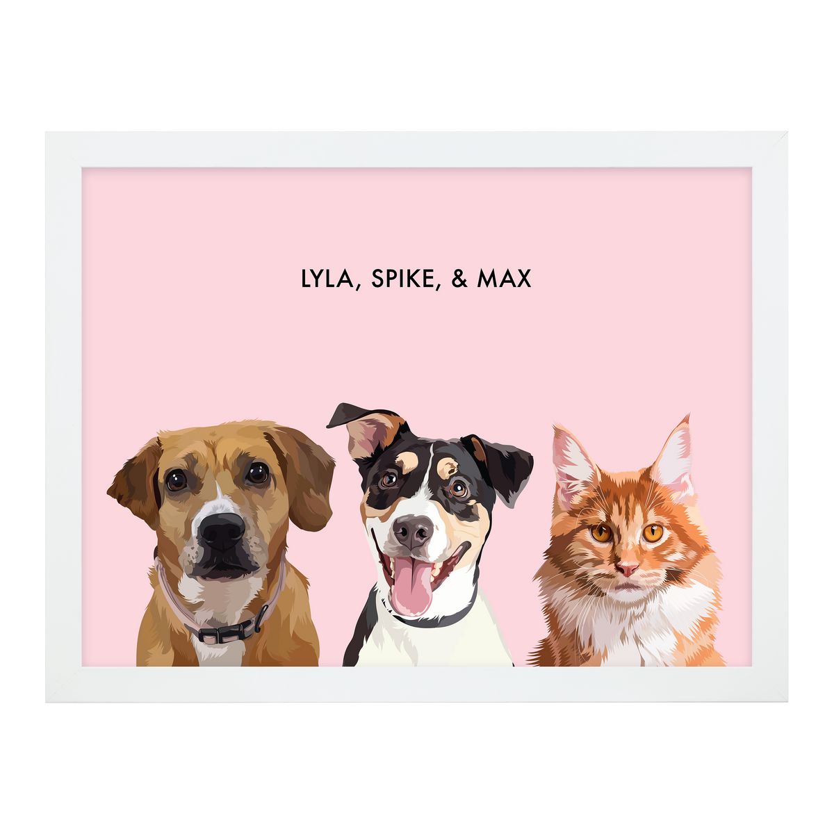 Portrait with three dogs, with white frame and pink background. 18x24 canvas.