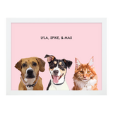 Portrait with three dogs, with white frame and pink background. 18x24 canvas.