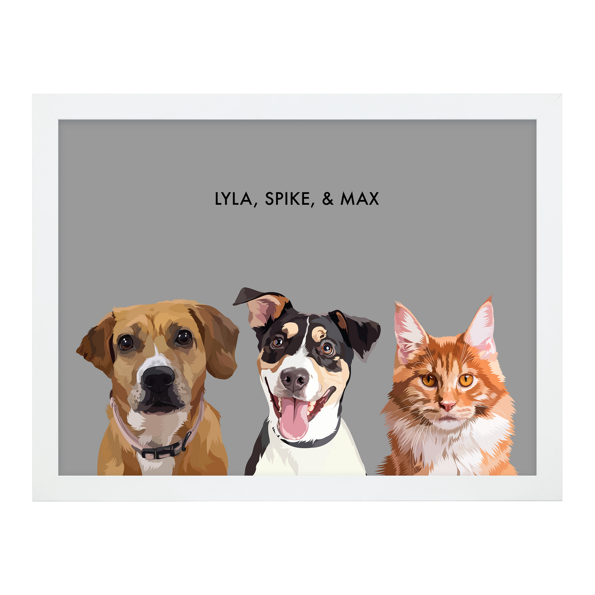 Portrait with three dogs, with white frame and gray background. 18x24 canvas.