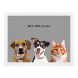 Portrait with three dogs, with white frame and gray background. 18x24 canvas.