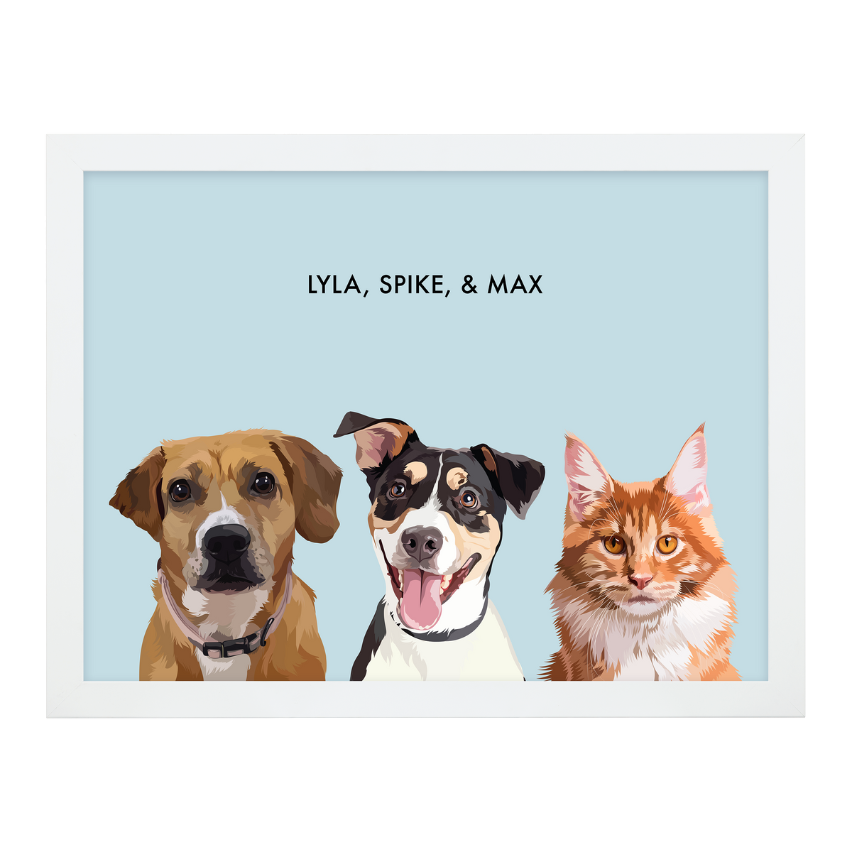 Portrait with three dogs, with white frame and blue background. 18x24 canvas.