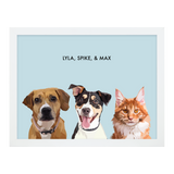 Portrait with three dogs, with white frame and blue background. 18x24 canvas.