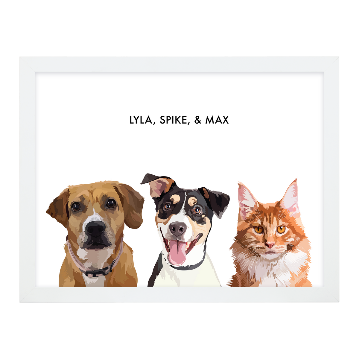 Portrait with three dogs, with white frame and white background. 18x24 canvas.