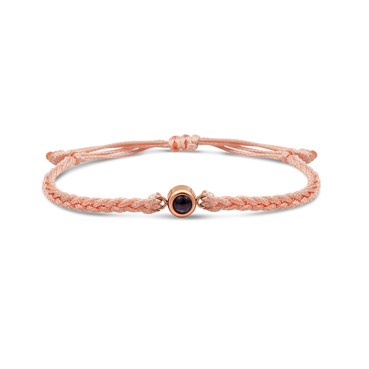 Pink braided bracelets with a black bead charm.