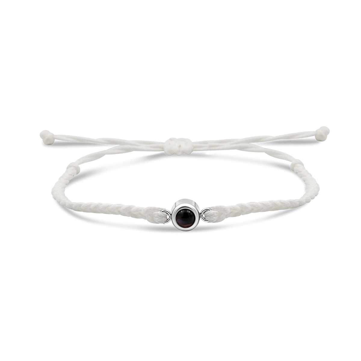 White braided bracelets with a black bead charm in silver color