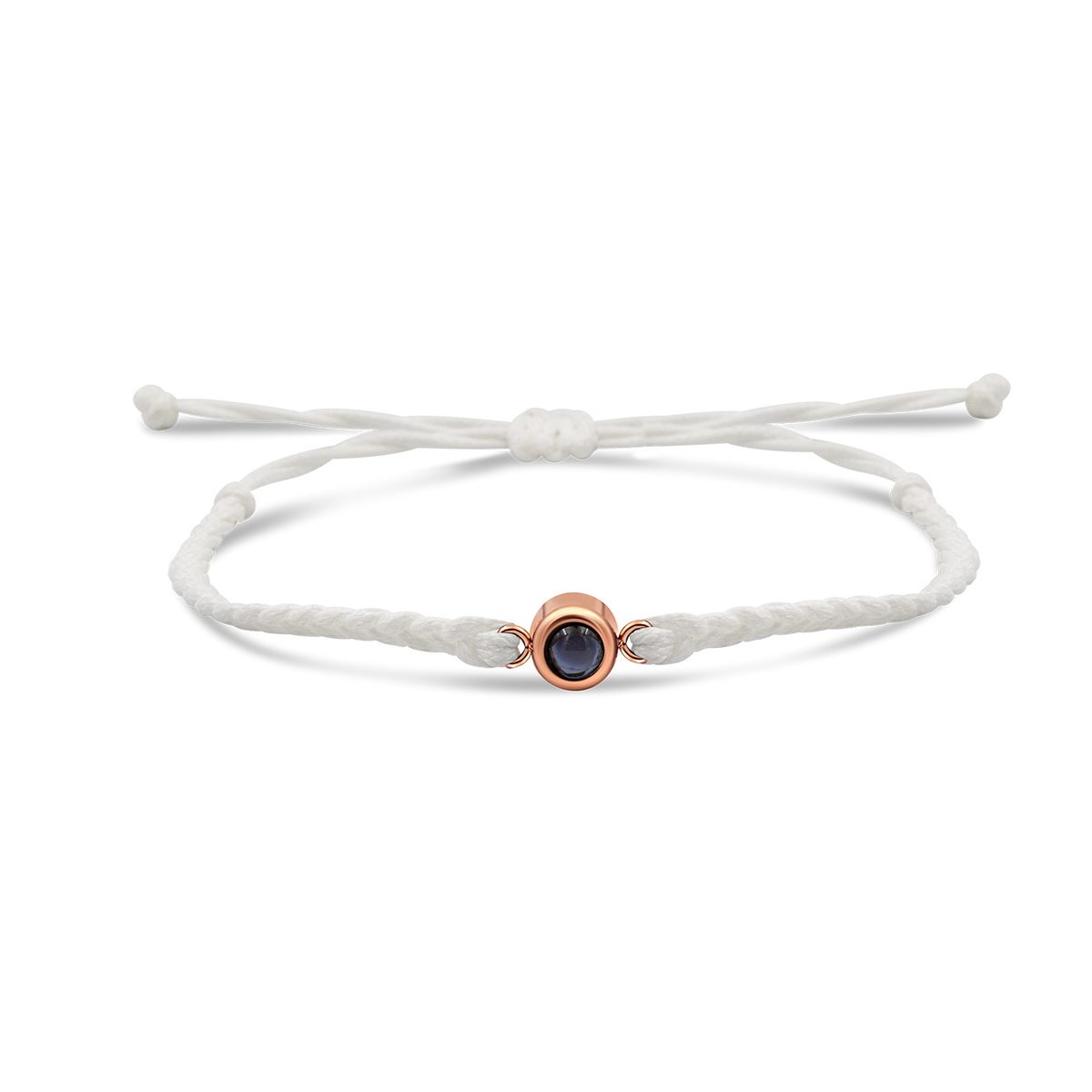 White braided bracelet with a black bead charm.