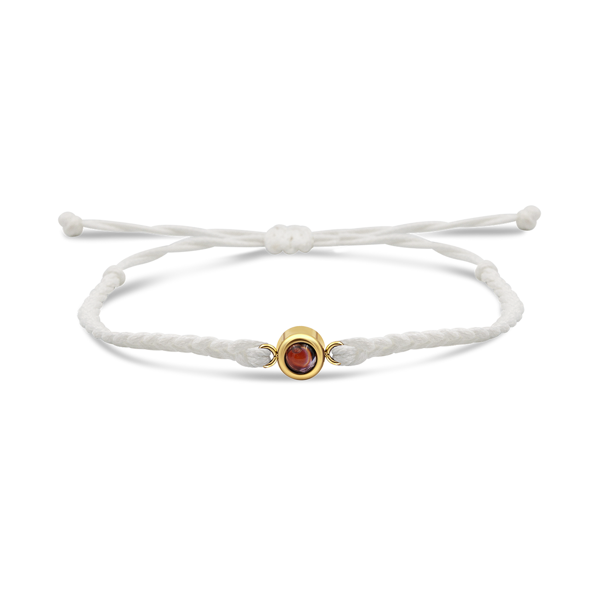 White braided bracelets with a black bead charm in gold color
