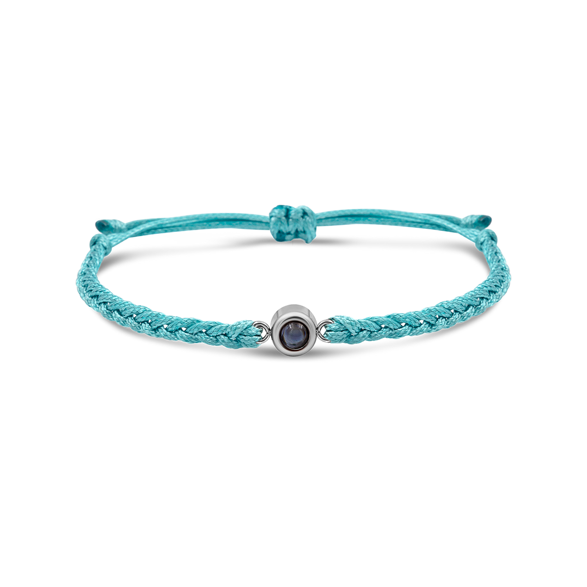 Turquoise braided bracelets with a black bead charm.