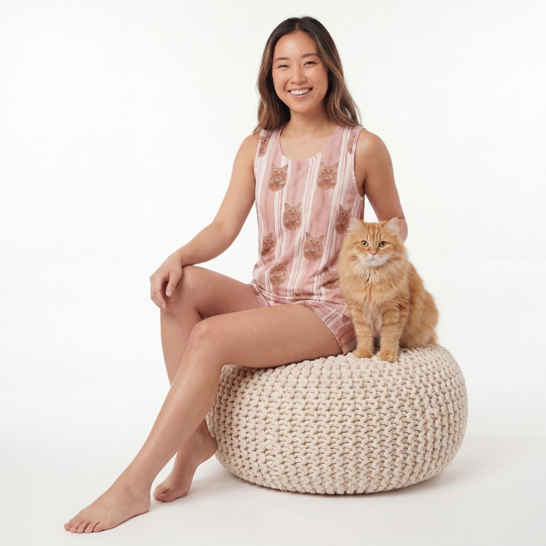 Woman in a tank top pajamas sitting on a woven ottoman with a cat beside her on a white background