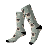Knee-high socks with pug dog pattern on a light green background[VintageBloom]