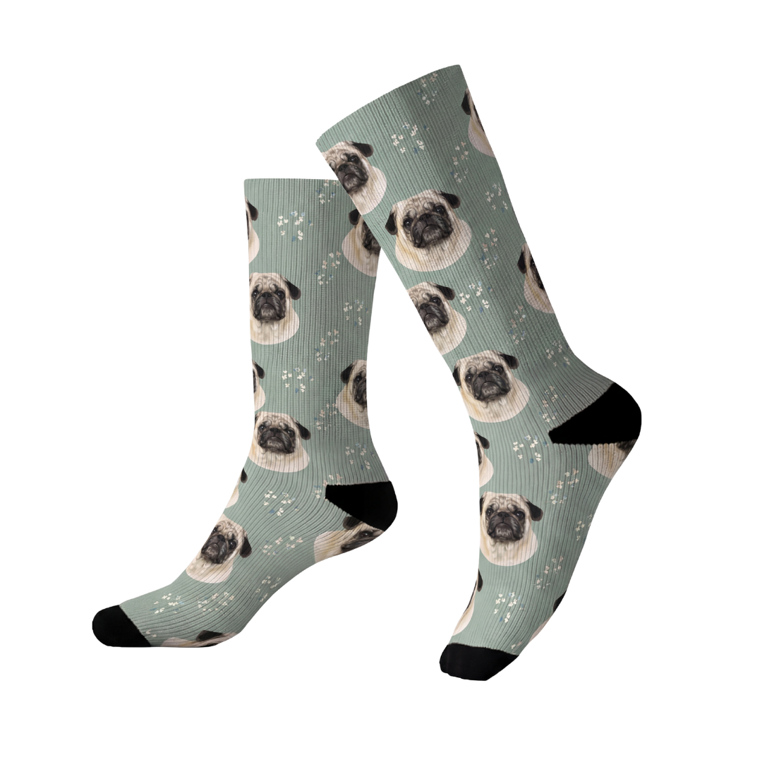 Knee-high socks with pug dog pattern on a light green background[VintageBloom]