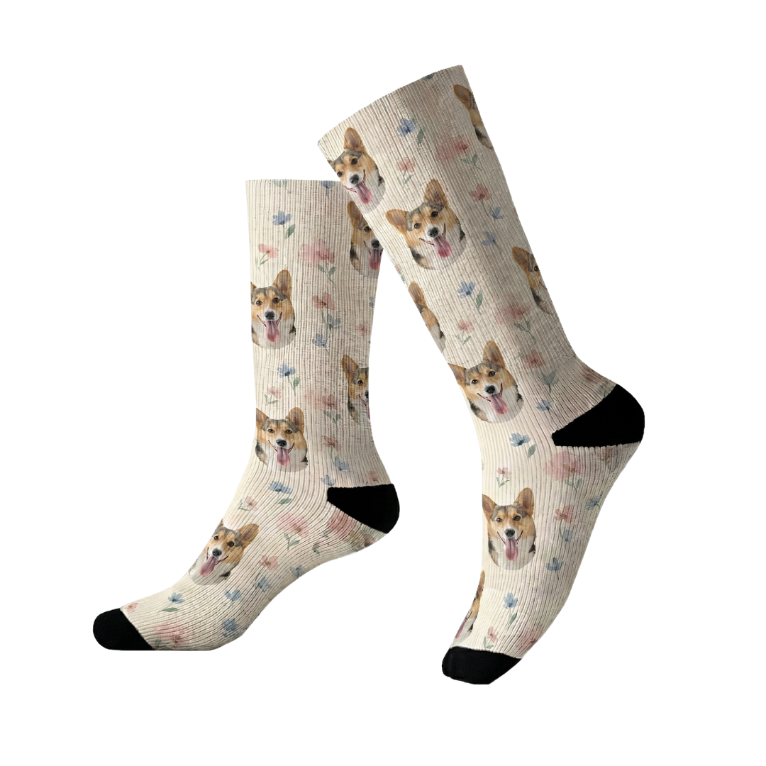 Knee-high socks with corgi dog pattern on a white background[PastelMeadows]