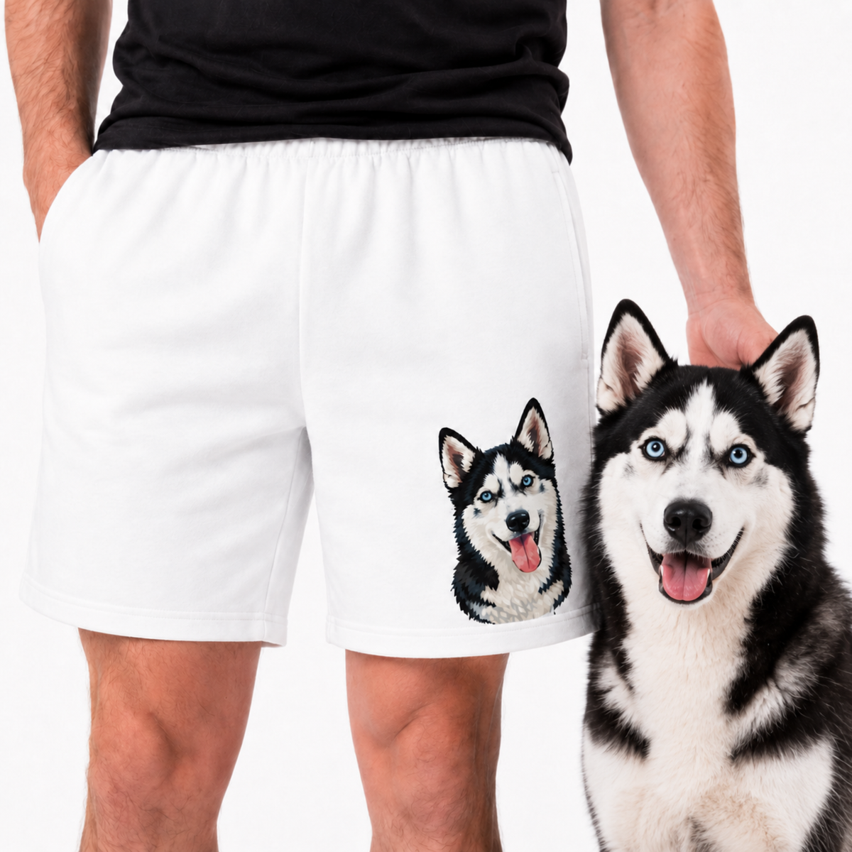 Person wearing white shorts with husky dog graphics on a plain background